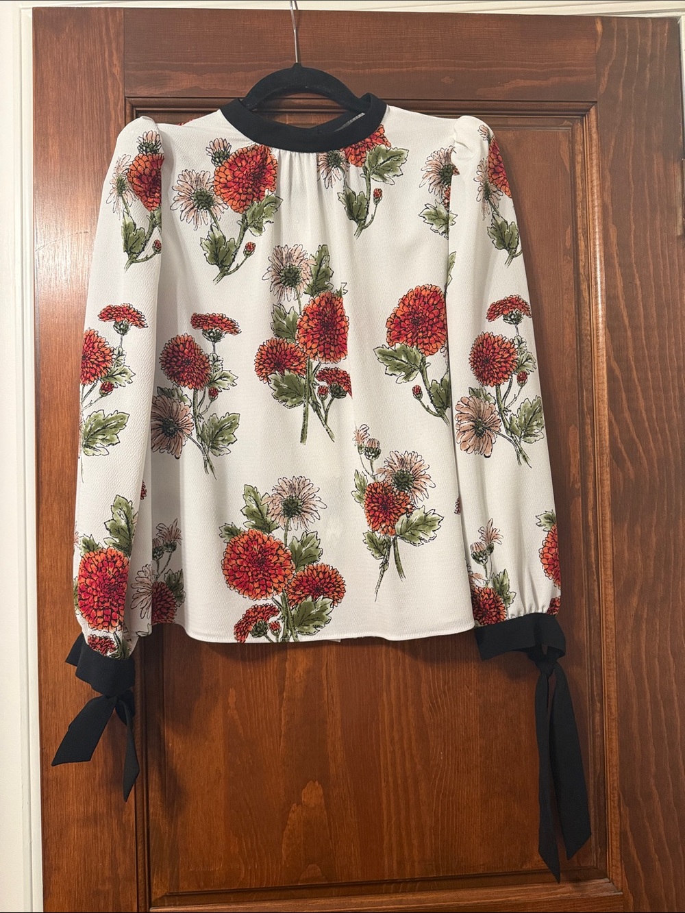 Zara White Blouse with Red Floral Print and Black Tie Cuffs